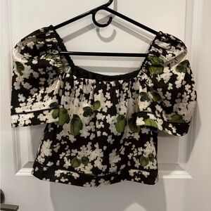 Tuckernuck Green and White Puff Sleeve Crop Blouse